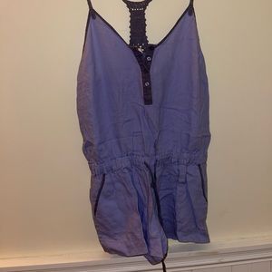 Lavender linen Romper with crochet racer back and pockets